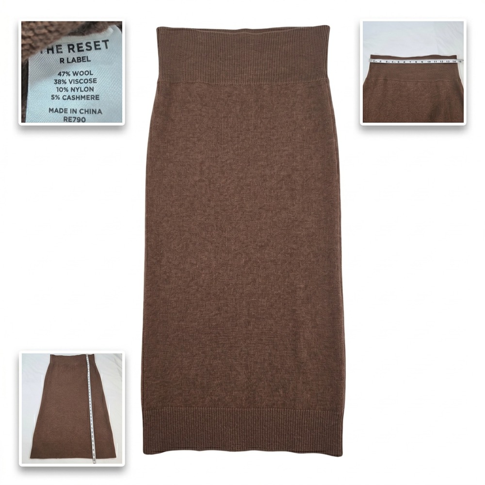 The Reset Cashmere Wool Knit Midi Skirt Womens L Brown Ribbed Minimalist‎